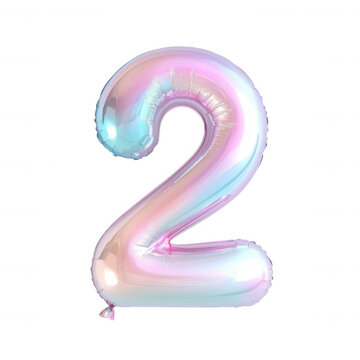 Iridescent number 2 balloon displaying holographic pink and blue hues on transparent background celebrating anniversary