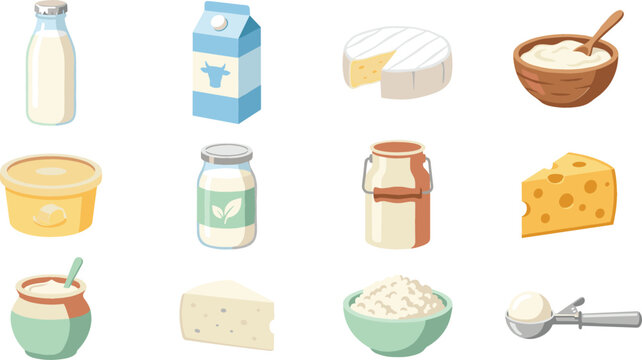 Collection of dairy food vector illustrations featuring milk, cheese, yogurt, butter, cream, cottage cheese and traditional dairy products in flat style