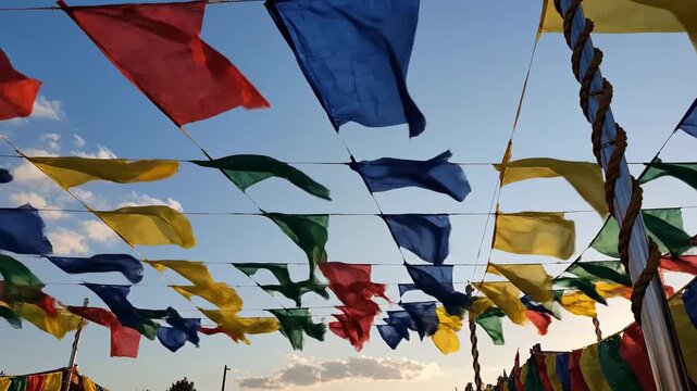 Colorful Bunting Flags Fluttering in the Wind Against a Blue Sky