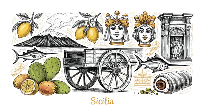 This hand-drawn vintage vector illustration showcases traditional Sicilian cultural symbols, including Moorish ceramic heads, Mount Etna, a wooden cart, lemons, prickly pears, and a cannolo pastry