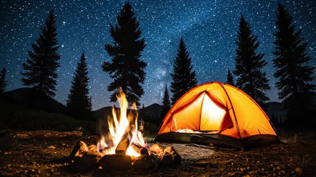 Glowing Two Person Nylon Shelter with Roaring Camp Fire in Night Forest