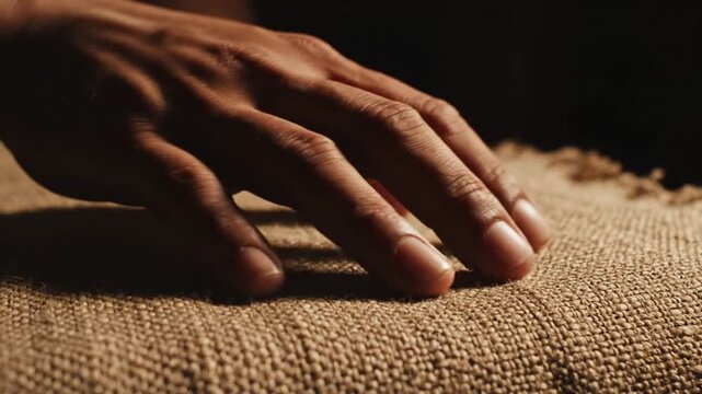A persons hand resting on a piece of burlap fabric texture