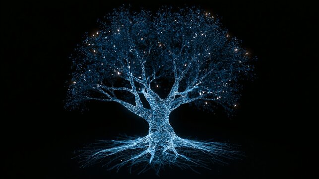 Glowing blue digital tree structure featuring intricate neon roots against a deep solid black background