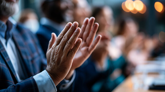 Close-up of business professionals' hands applauding in appreciation during a data analyst's presentation, a blurred audience and presentation setup visible behind, the image capturing