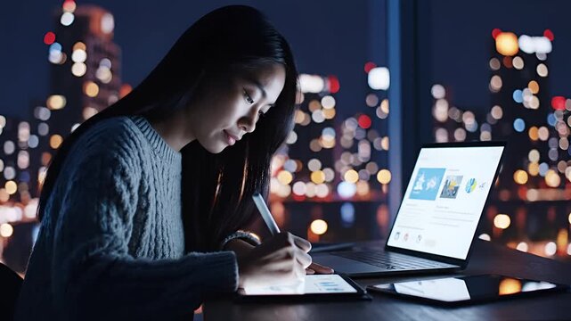 Young woman working late on laptop with city lights background.