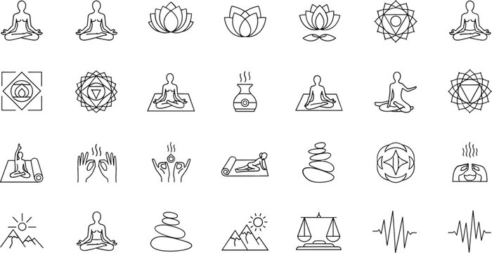 Yoga meditation and spiritual wellness line icons set with lotus flower, chakras, mindfulness poses, zen stones and balance symbols outline vector collection
