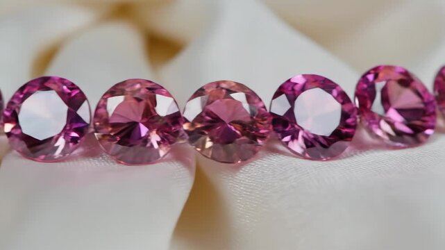 Vibrant Pink Brilliant Cut Gemstones Arranged on Flowing White Satin Fabric