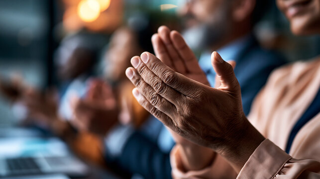 Close-up of business professionals' hands applauding in appreciation during a data analyst's presentation, a blurred audience and presentation setup visible behind, the image capturing