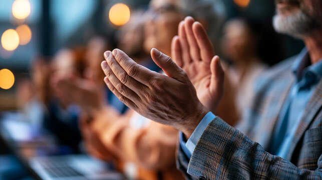 Close-up of business professionals' hands applauding in appreciation during a data analyst's presentation, a blurred audience and presentation setup visible behind, the image capturing