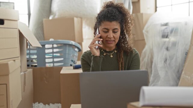 Woman holds phone to ear while working on laptop amid stacked moving boxes and a laundry basket in building; moving stress.