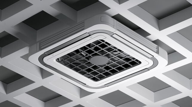 Modern white ceiling air conditioning unit installed within a geometric grid pattern of office building tiles