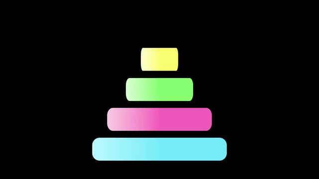 2D motion graphics of vibrant colorful rounded rectangles stacking into a pyramid on a black background. Suitable for UI loading animations.
