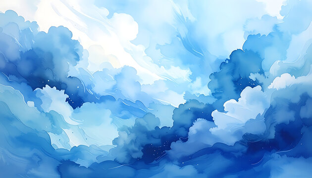 Abstract watercolor sky with fluffy blue and white clouds, ethereal atmosphere, and sparkling light effects, perfect for wallpaper or digital art