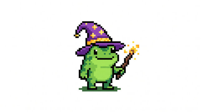 Pixel art cute frog wizard holding a magic wand wearing purple witch hat