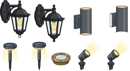 Collection of outdoor wall light and garden lamp vector illustrations featuring vintage lantern sconces, solar pathway lights and modern exterior lighting fixtures © Jahangir