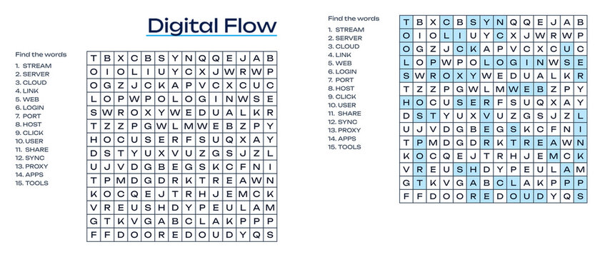 Digital flow word search puzzle with highlighted answers  
