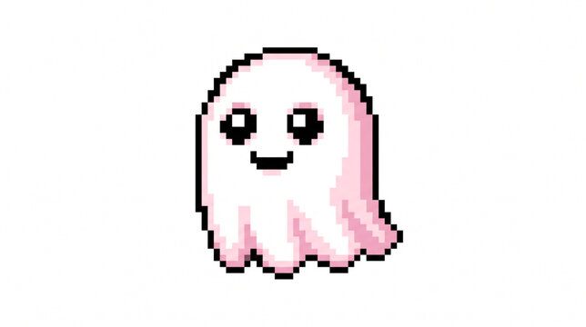 Pixel art cute smiling ghost character isolated on white background