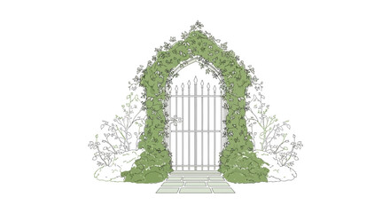 Fototapeta premium Enchanted Garden Gate Archway with Climbing Vines and Ornate Metal Door