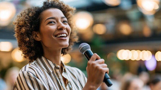 Woman with natural curly hair delivering a compelling speech while holding a microphone at a corporate event, her confident and expressive delivery representing effective public speaking,