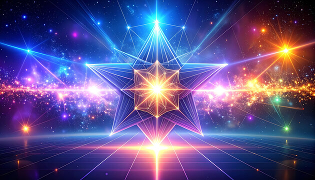 Abstract geometric star illuminated with vibrant neon lights and bokeh particles, representing celebration and cosmic wonder