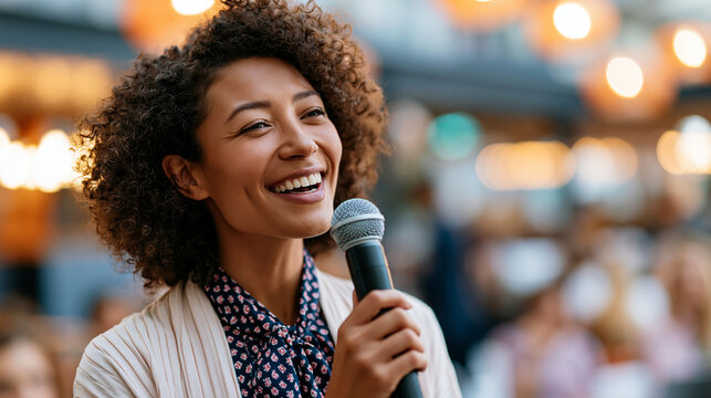 Woman with natural curly hair delivering a compelling speech while holding a microphone at a corporate event, her confident and expressive delivery representing effective public speaking,