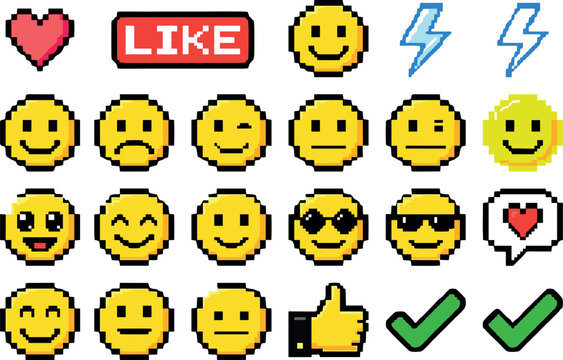 Pixel Emoji Reaction Icon Set Featuring Smiley Faces Like Heart Thumbs Up Check Marks and Social Media Expressions