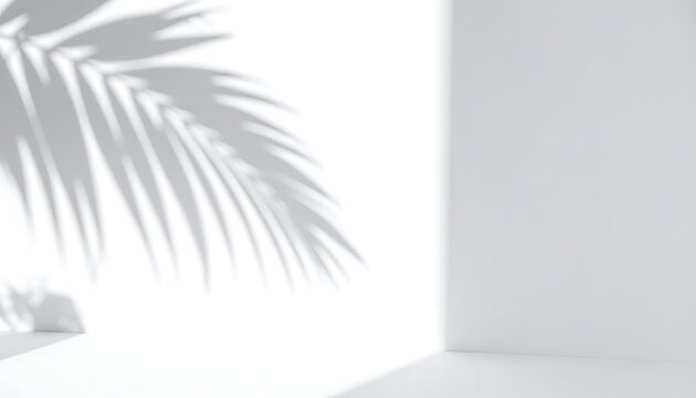 Abstract shadow of palm leaves cast on a clean white wall and floor, creating a tropical ambiance