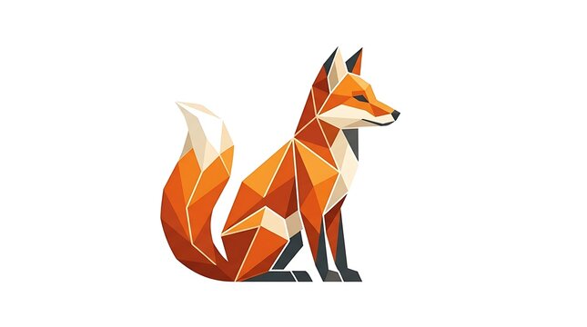 A sitting fox rendered in a geometric style with bright orange facets and a fluffy tail on a white background.