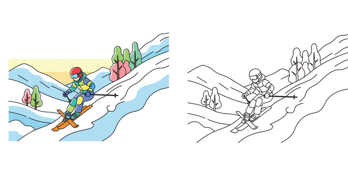 Vector illustration of a downhill skier on a snowy mountain slope, split design showing vibrant colors alongside a black and white line art coloring book outline.