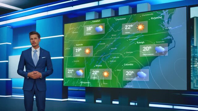 Male Weather Reporter Presents  a Live Regional Weather Forecast Inside a Modern Tv Studio, Announcing Temperatures and Climate Icons Displayed on a Large Southeastern US Map