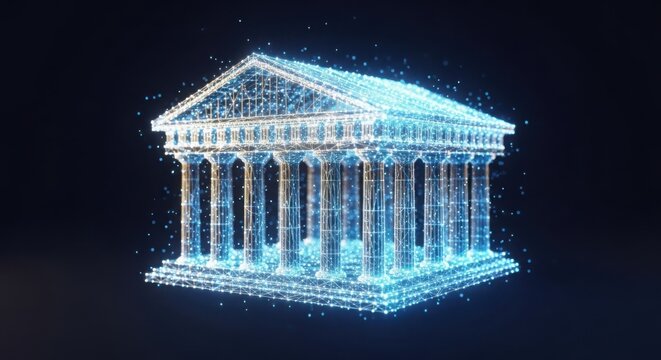 a blue building with columns and a triangular roof illustration