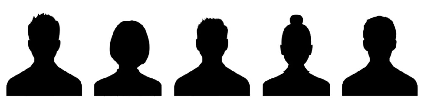 Set of five diverse human head silhouettes, profile avatars for UI design