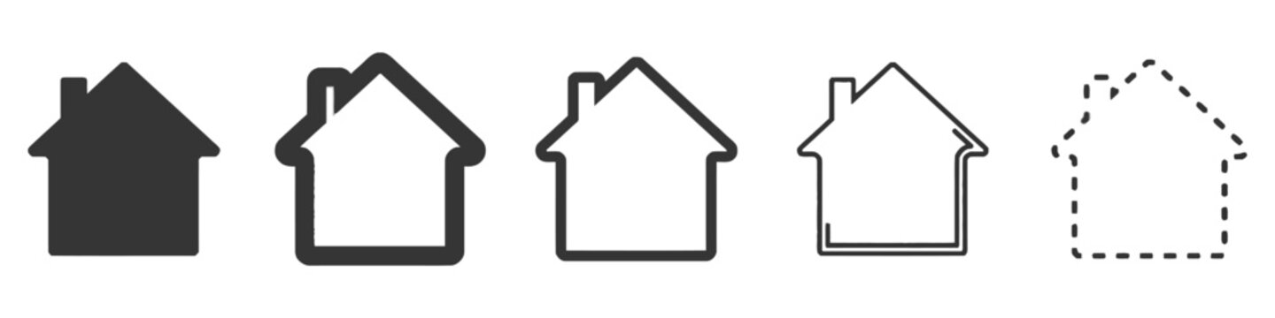 Set of five house icons with varying line styles and thickness