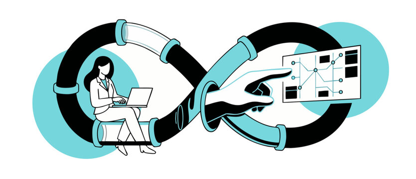 DevOps software development continuous integration workflow automation vector illustration. Professional woman programmer using laptop inside infinity loop pipeline while hand operates digital interfa