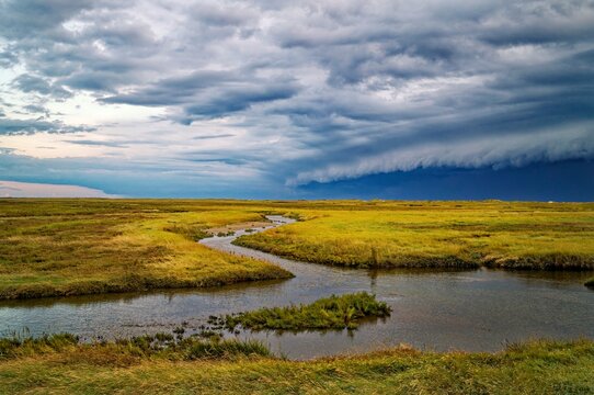 Storm approaching from the North Sea over the salt marshes of St Peter Ording, North Frisia, Schleswig-Holstein, Germany
