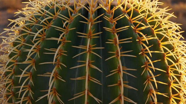 Closeup of a green cactus with sharp yellow spines in a desert landscape