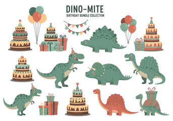 A collection of cartoon dinosaur birthday illustrations featuring cakes gift boxes balloons and pennants © Faisal