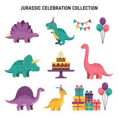 A collection of cartoon dinosaur illustrations including a party cake gifts balloons and decorative bunting © Faisal
