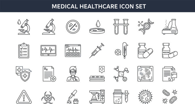 Medical laboratory healthcare research outline icon set diagnostics microbiology vaccine dna testing clinical experiment pharmacy science equipment vector collection