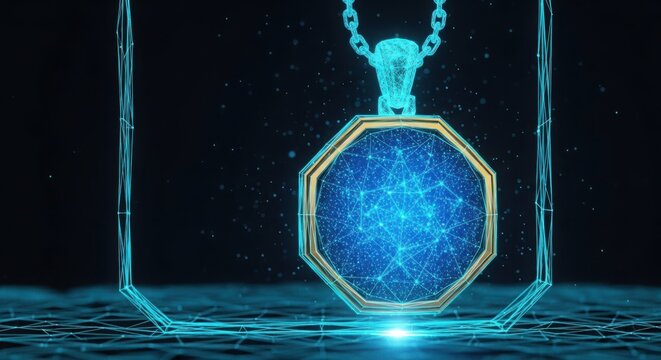 glowing blue octagonal pendant necklace on a black background illustration