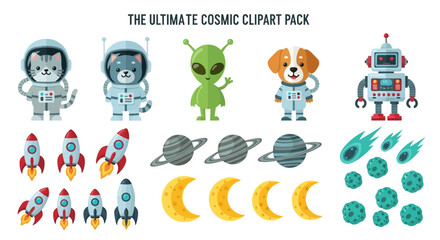 A cosmicthemed vector clipart set featuring spacethemed animals robots rockets planets moons and asteroids © Faisal