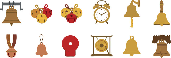 Obraz premium Bell and alarm sound equipment vector collection featuring handbells, church bells, gongs, jingle bells and vintage alarm clocks