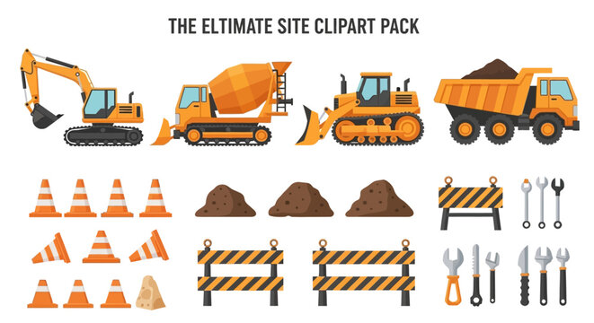 A constructionthemed clipart collection featuring vehicles traffic cones mounds of dirt barriers and hand tools