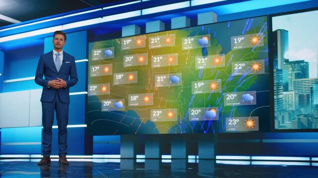Male Meteorologist Presents a Live National Weather Forecast Inside a Modern TV Studio, Announcing Temperatures and Climate Icons Displayed on a Large Interactive US Map