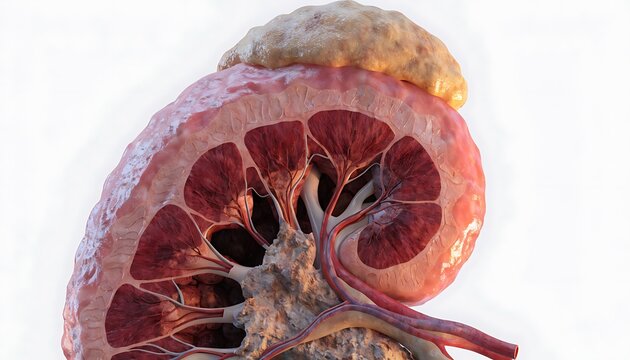 Detailed 3D Medical Render of Human Kidney Anatomy with Cross-Section View