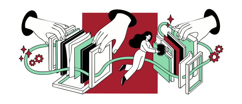 Data organization file folder management illustration of woman sorting digital databases with giant hands, optimizing tech business workflow asset storage systems in clean, minimalist vector graphics.