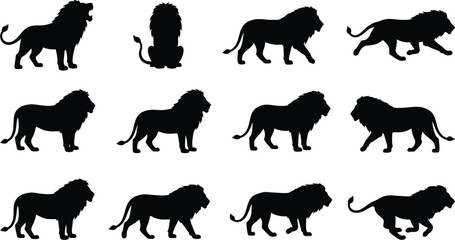 Obraz premium Collection of Silhouetted Lions in Various Poses and Actions