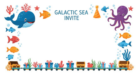 Fototapeta premium A party invitation border featuring cartoon sea life treasure chests gifts and coral on a white background