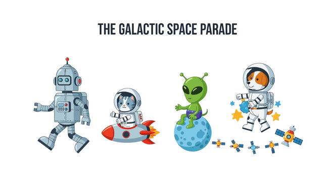 A graphic featuring a robot a cat in a rocket an alien on a moon and a dog astronaut titled Galactic Space Parade