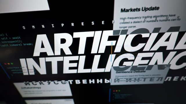 Digital display shows bold artificial intelligence typography layered over programming code and market news. Concept of omnipresent technology, automated trading, and machine learning.